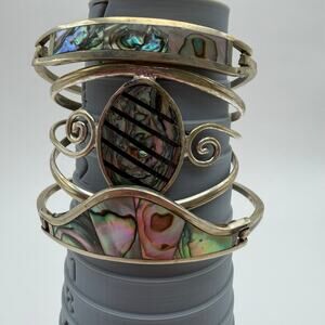 Vintage Mexican Alpaca Abalone Shell Bangle Cuff Bracelet Reseller Lot Of 3